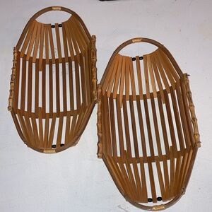 Holiday Bread Baskets Set/2 Mid Century Rattan Baskets W/ Black Beads & Handles